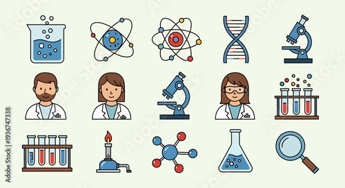 Science Icons Set: Chemistry, Biology, Physics, Research, Laboratory Equipment & Scientists
