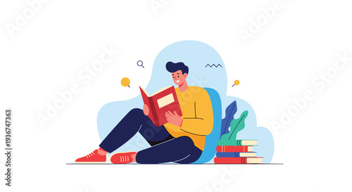 Happy young man sitting on the floor and reading an interesting book with a stack of books nearby in a cozy atmosphere.