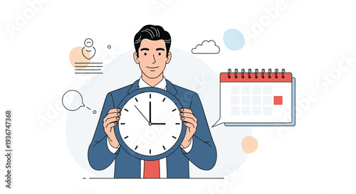 Professional businessman holding a large analog clock standing next to a calendar to represent time management and schedule.