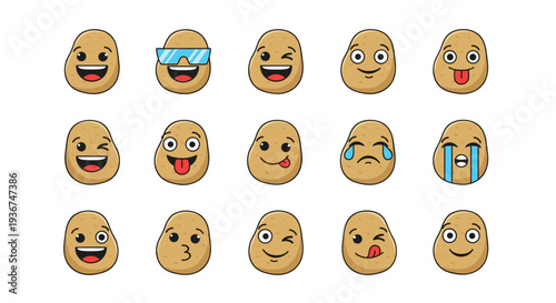 Large collection of cute potato cartoon emojis showing various facial expressions and emotions on white background.