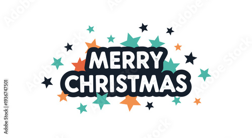 Festive text message saying merry christmas in white font with dark outline surrounded by colorful stars decoration.