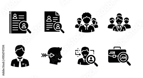 Recruitment icons: job search, hiring, team, candidate, skills, career, employment, interview