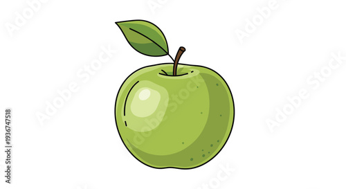 Crisp green apple illustration with a single brown stem and a small green leaf on top against white background.