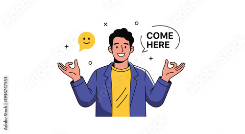 Happy man in a blue jacket meditating with hands in mudra pose and a speech bubble saying come here on white background.