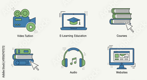 Online Education Icons: Video, E-Learning, Courses, Audio, Websites