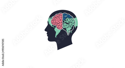 Human head silhouette containing a colorful world map and brain illustration representing global mind and knowledge.