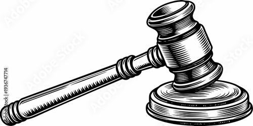 Vintage Engraved Judge Gavel and Sound Block Justice Illustration