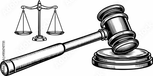 Vintage Engraved Judge Gavel and Scales of Justice Law Illustration