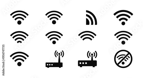 Wifi Icons Set: Signal Strength, Router, No Wifi Symbol - Technology Concept
