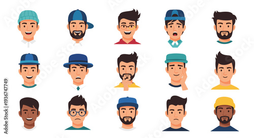 Large collection of diverse male character head avatars with different hair styles hats and facial expressions.
