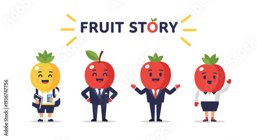 Collection of cute fruit and vegetable cartoon characters dressed as a student businessman and office worker.