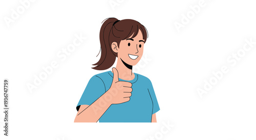 Cheerful young woman with a ponytail hairstyle smiling and giving a thumbs up gesture for approval or success.