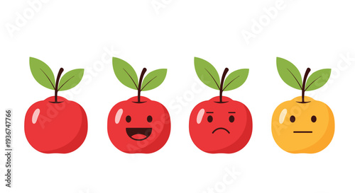 Row of four apple characters with different facial expressions from neutral to happy and sad on white background.