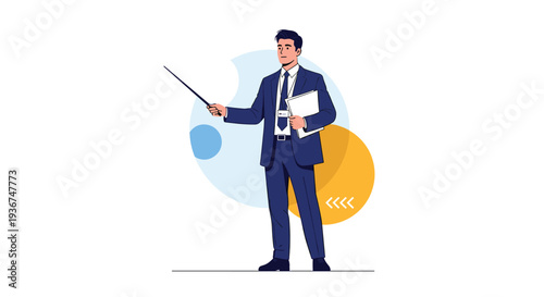 Professional businessman in a navy suit holding a pointer and documents while giving a speech or presentation.