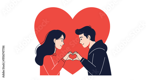 Romantic young couple in love making a heart shape with their hands in front of a giant red heart background.