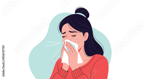 Sick young woman sneezing and blowing her nose into a white paper tissue representing flu allergy or cold symptoms.