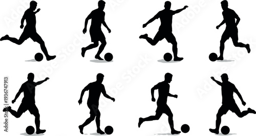 Soccer player silhouette set featuring football athletes dribbling and kicking ball in dynamic action poses isolated for sports design projects