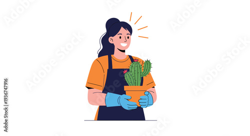 Happy young woman gardener wearing an apron and gloves while holding a small potted cactus with pink flowers on a white background.