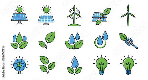 Eco-friendly energy icons: solar panels, wind turbines, leaves, water drops, light bulbs