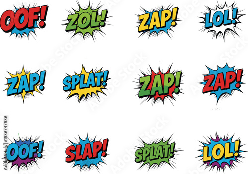 Set of comic book speech bubbles with sound effects, pop art explosion stickers, colorful zap splat oof lol stickers, vector