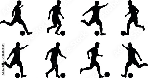 Soccer player silhouette collection showing football athletes dribbling and kicking ball in dynamic sport action poses isolated for sports design
