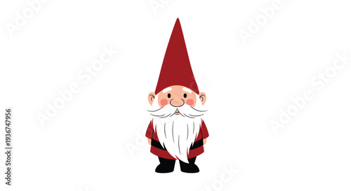 Cute garden gnome character with a long white beard and a tall red pointed hat standing on a plain white background illustration.