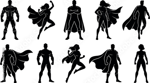Superhero silhouette collection featuring powerful male and female comic heroes in flying and standing poses isolated for comic book design