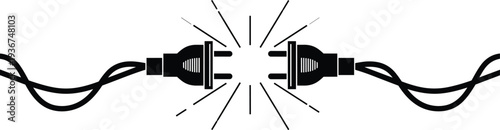 Electric power plug connection icon, black silhouette of electrical socket with cables, energy concept vector, isolated on white background, spark