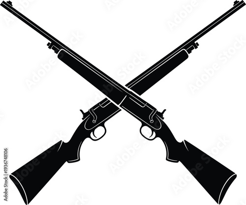 Crossed hunting rifles silhouette, black vector illustration of two shotguns in X formation, firearm symbol isolated on white background, shooting