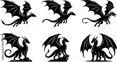 Collection of Black Dragon Silhouette Vector Illustrations Featuring Mythical Flying Monsters and Standing Fantasy Creatures for Tattoo Design Graphic Arts and Gaming