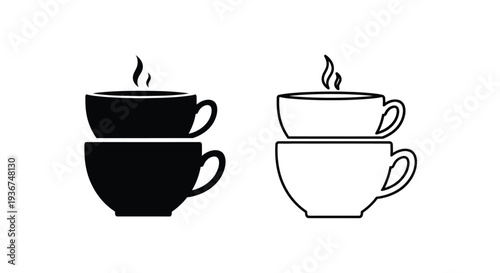 Set of 2 hot coffee cups vector icons in solid and outline styles