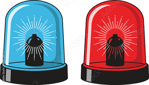 Red and blue emergency siren lights, police flasher icons, ambulance and fire truck warning beacons, flat vector illustration isolated on white