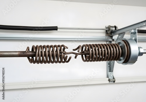 Broken metal garage door torsion spring on horizontal shaft assembly