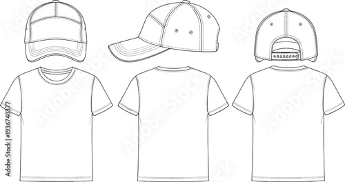 T-shirt and baseball cap technical sketch set, blank white apparel mockup, clothing template for design, fashion cad drawing flat vector illustration, streetwear.