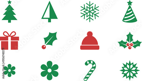 Set of Green and Red Christmas Vector Icons Featuring Trees Snowflakes Gifts Holly and Candy Cane for Holiday Graphic Design Projects on White