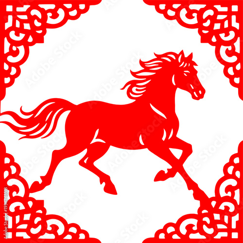 [Vector EPS]Red Chinese paper - cut horse with decorative borders