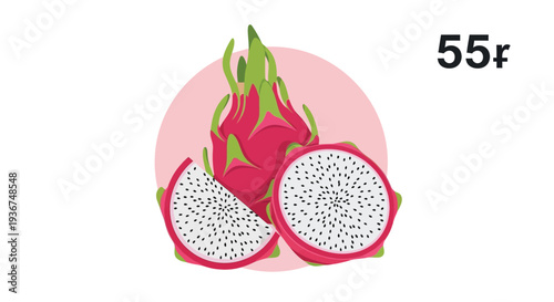Vibrant dragon fruit cut open with green leaves on pink background