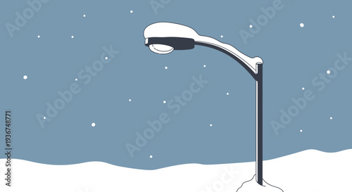 Street light glowing softly in a peaceful snowy winter night landscape with falling snow