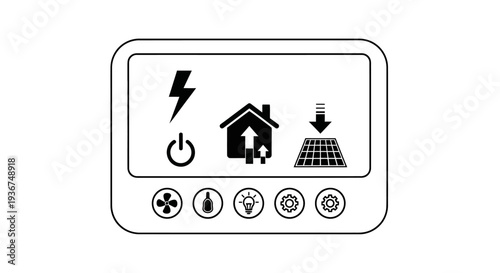 Digital display panel showing energy management icons for home automation, including power, solar, temperature, fan, and lighting controls.