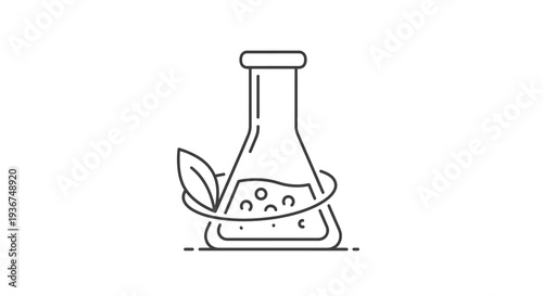 Line art illustration of a conical flask with bubbling liquid, a leaf, and a circular swirl, representing natural science and organic chemistry concepts.