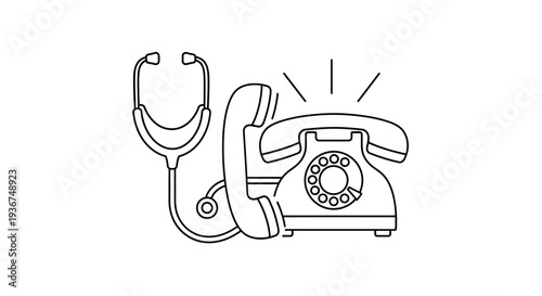 Line art illustration of a stethoscope and a ringing vintage rotary phone, symbolizing medical communication and healthcare support.