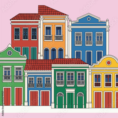 Colorful colonial buildings lined up with red tiled roofs on pink background