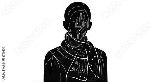 A black and white portrait of a woman in a fashion suit silhouette with her back turned and a horror halloween face