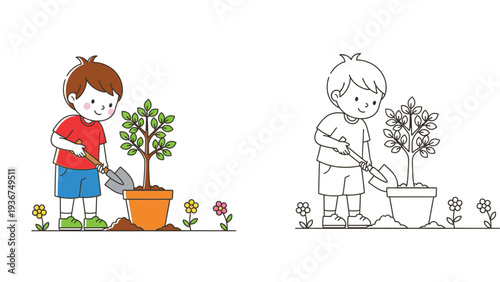 Cute little boy planting a tree in a pot, colored and black and white outline for coloring book. Vector illustration of kid gardening with shovel.