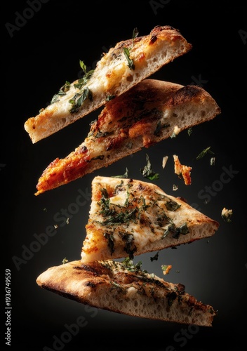 Four slices of pizza with toppings levitating against a dark backdrop