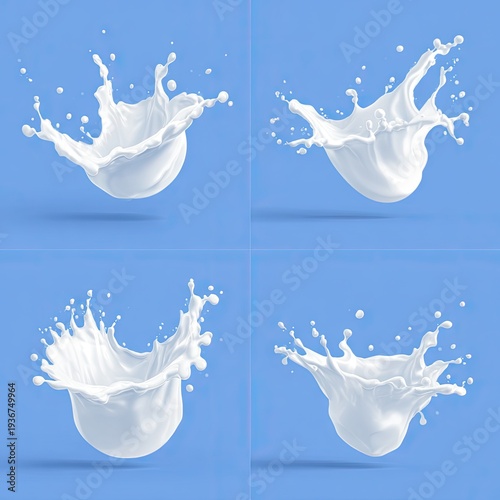 Four views of milky liquid exploding against a soft blue backdrop