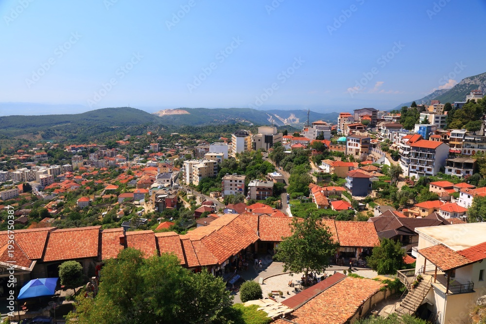 Obraz premium Kruje town (also known as Kruja) in Albania. Cityscape with mountains.