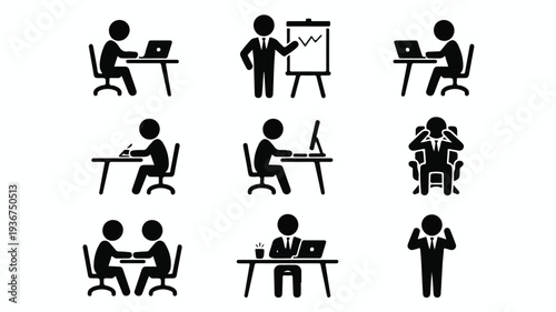 A set of nine minimalist black and white icons depicting business professionals working at desks with laptops or presenting on a whiteboard