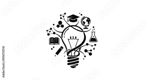 Bright idea bulb bursting with knowledge and scientific discovery symbols.