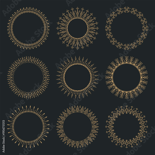 Seamless Circular Ornamental Round Set. Gold on Black Mandala Frames Collection